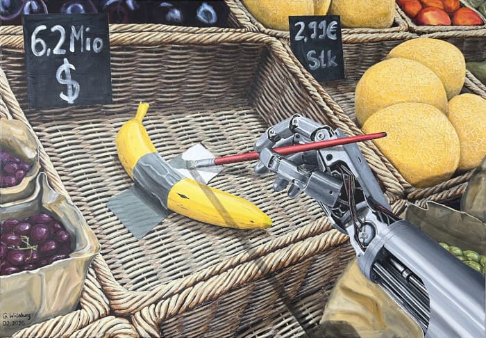 Humanoider Roboter malt Bild mit dem Titel "die letzte Banane auf der Welt?"